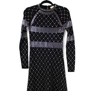 Michael Kors Black Silver Studded Long Sleeve Jersey Stretch Dress Size XS